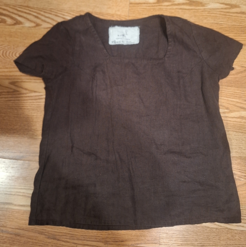 NotPerfect Linen Dark Brown Short Sleeve Top - Picture 2 of 3